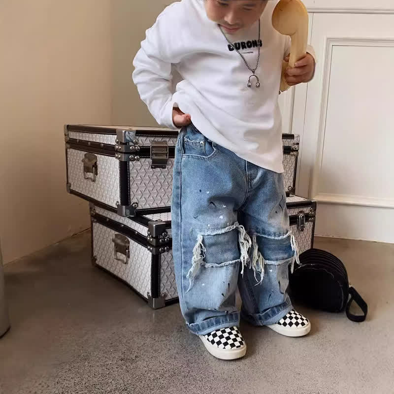 幼児男の子用 ブルー フリンジ付き ゆったりデニムパンツ - 青 - 8-9T - image 1