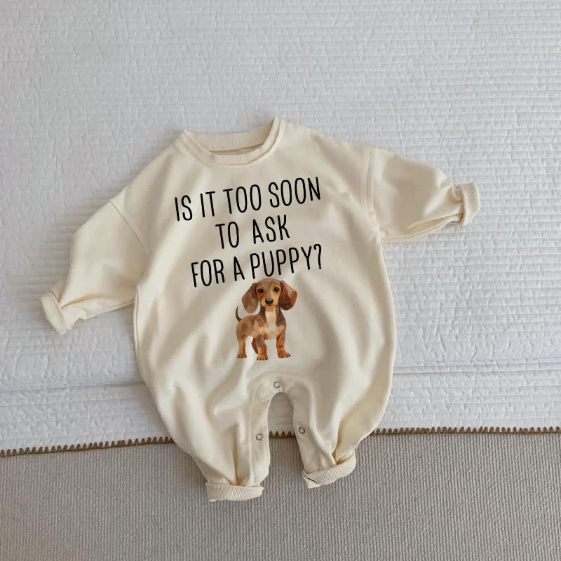 IS IT TOO SOON TO ASK FOR A PUPPY?ベビー幼児用子犬柄ベージュロンパース - ベージュ - 2～3歳 - image 1