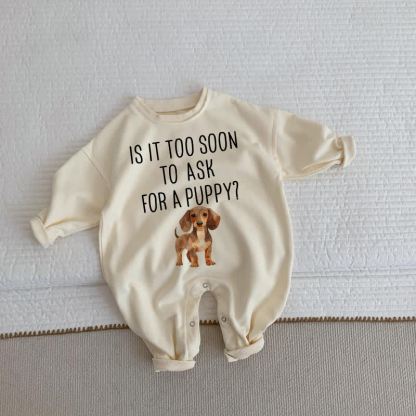 IS IT TOO SOON TO ASK FOR A PUPPY?ベビー幼児用子犬柄ベージュロンパース - ベージュ - 2～3歳 - image 1