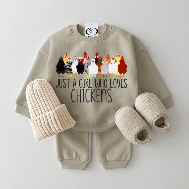 JUST A GIRL WHO LOVES CHICKENS女の子 ベビーグレーグリーンスウェットシャツ 2点セット - グレーグリーン - 2～3歳 - image 1