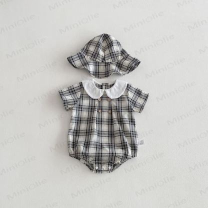 ベビー用ギンガムチェック柄ピーターパンカラーボディスーツ（帽子付き） - 黒 - 18～24ヶ月 - image 3