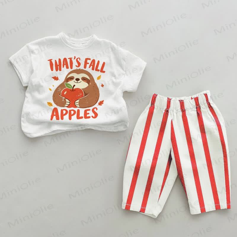 THAT'S FALL APPLES柄 ベビーレッド 縦縞 2点セット - 白と赤 - 4～5歳 - image 1