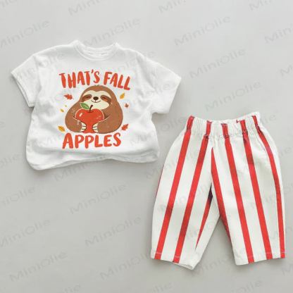 THAT'S FALL APPLES柄 ベビーレッド 縦縞 2点セット - 白と赤 - 4～5歳 - image 1