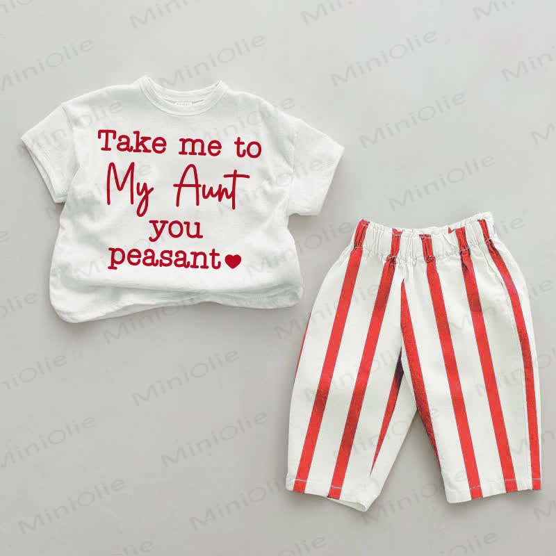 TAKE ME TO MY AUNT YOU PEASANT！ベビーレッドの縦縞模様のツーピースセット - 白と赤 - 4～5歳 - image 1