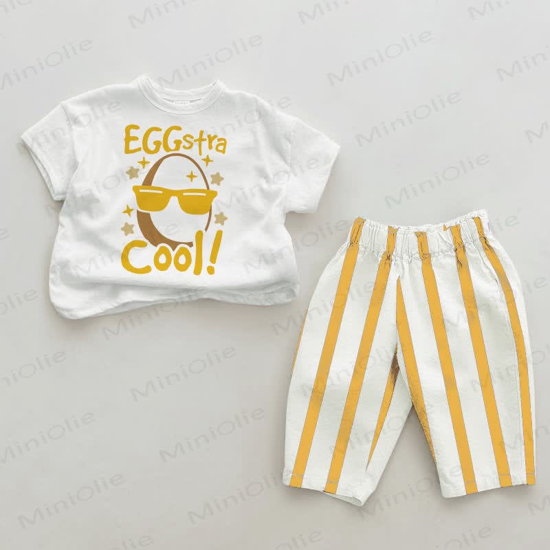 EGGSTRA COOL!ベビー用白＆黄色の縦ストライプ柄ツーピースセット - 白と黄色 - 2～3歳 - image 1