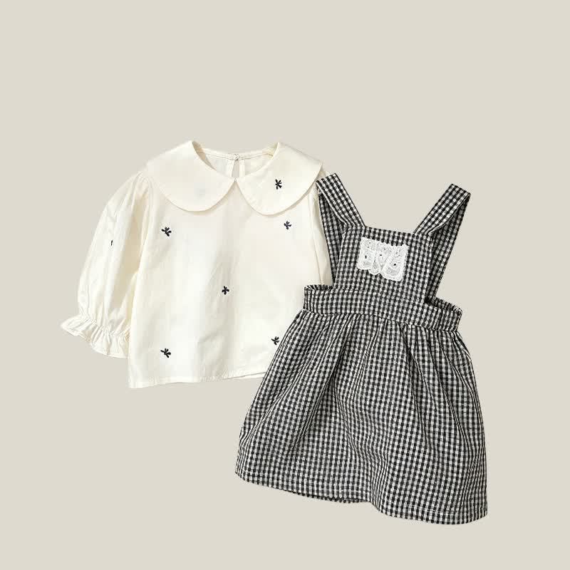 幼児用ベビーガールズ ホワイト長袖トップスまたはギンガムチェックのジャンパースカート - image 1