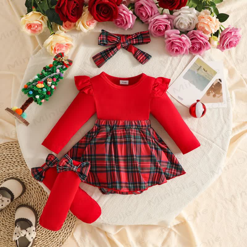 Baby Christmas Plaid Bow Skirted Bodysuit Set - Red - 12-18M - image 1