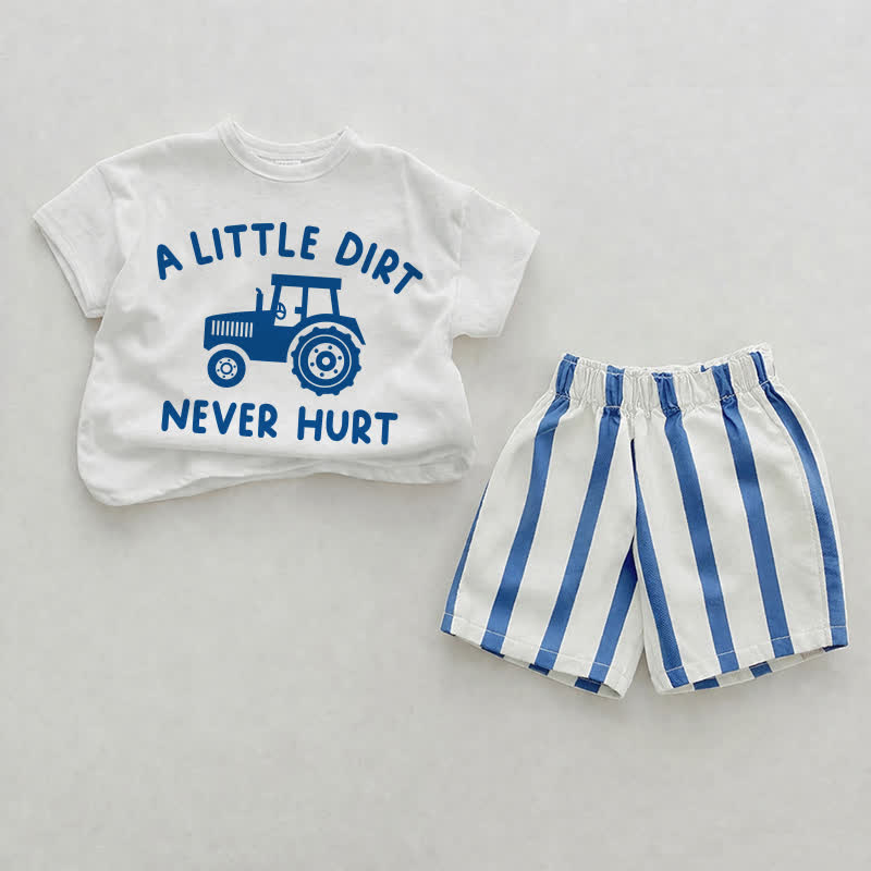 A LITTLE DIRT NEVER HURTベビー用 白と青の縦ストライプ ツーピース ショートパンツセット - 白 - 2～3歳 - image 1