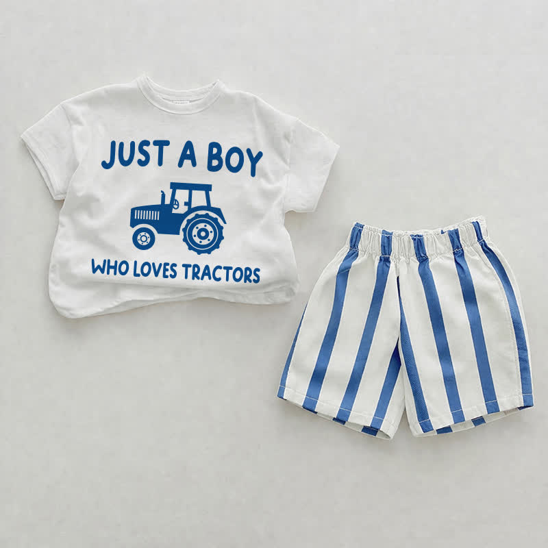 JUST A BOY WHO LOVES TRACTORS男の子 ベビー用 白と青の縦縞 ツーピース ショートパンツセット - 白 - 2～3歳 - image 1