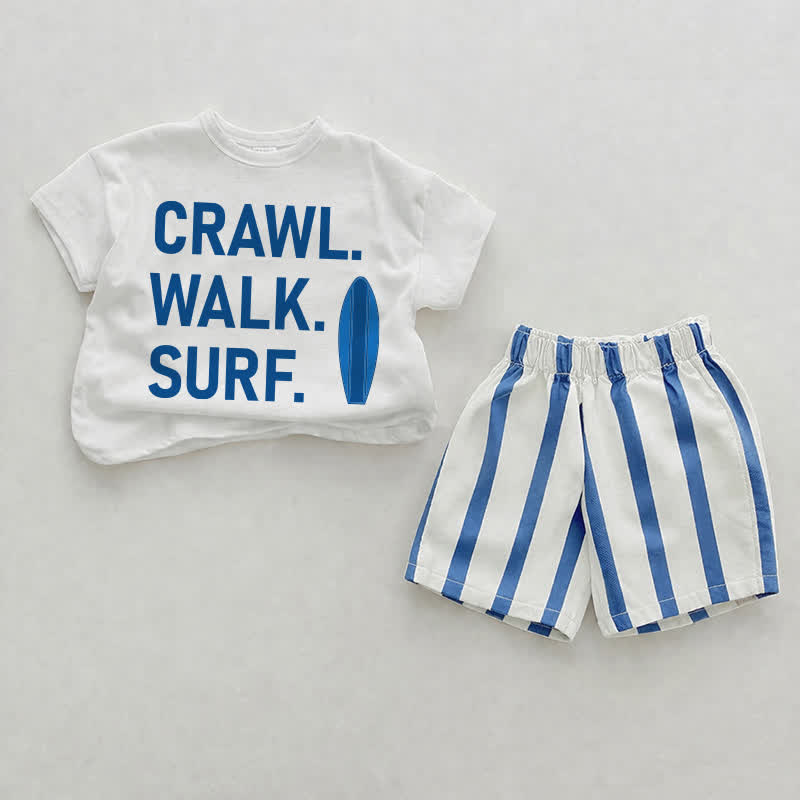 CRAWL. WALK. SURF.ベビー用白と青の縦縞模様のツーピースショーツセット - 白 - 2～3歳 - image 1