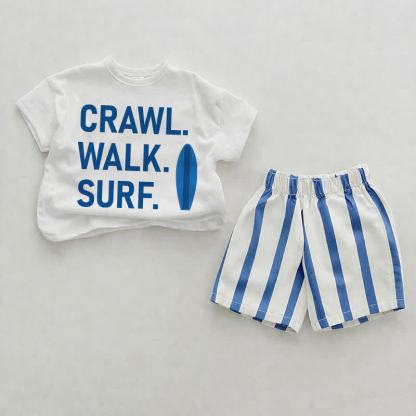 CRAWL. WALK. SURF.ベビー用白と青の縦縞模様のツーピースショーツセット - 白 - 2～3歳 - image 1