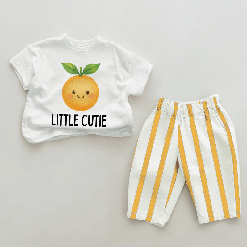 LITTLE CUTIEベビースマイル オレンジ ホワイト＆イエロー 縦ストライプ 2点セット - 白と黄色 - 2～3歳 - image 1