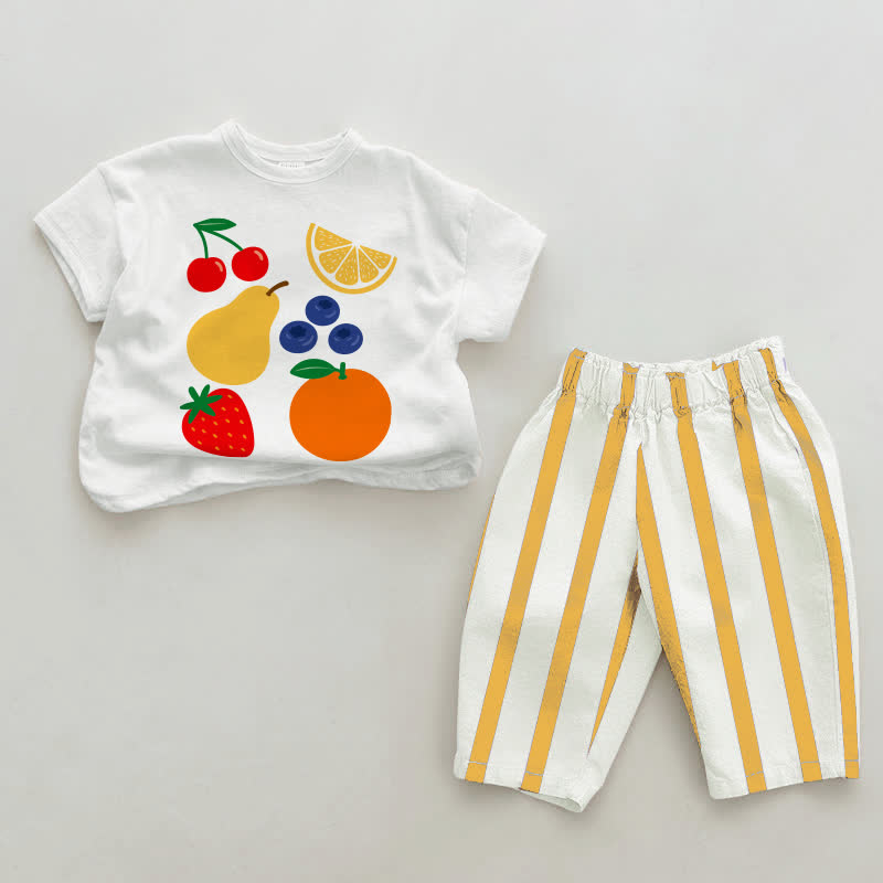 ベビーフルーツ柄 白と黄色の縦縞模様 2点セット - 白と黄色 - 2～3歳 - image 1