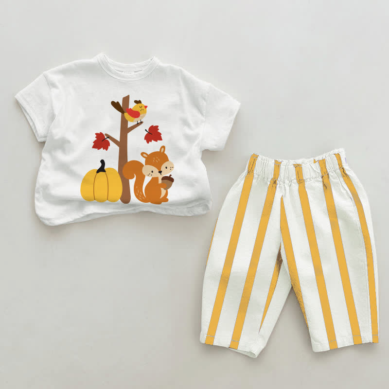 子リスとカボチャの白と黄色の縦縞模様の2点セット - 白と黄色 - 2～3歳 - image 1
