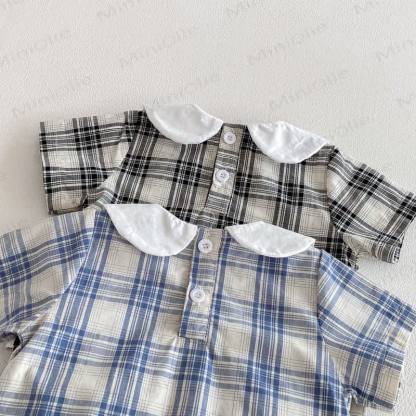 ベビー用ギンガムチェック柄ピーターパンカラーボディスーツ（帽子付き） - image 10