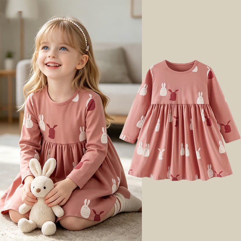 幼児用女の子向けピンクのうさぎ柄長袖Dress - image 1