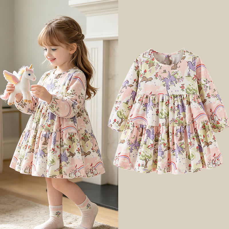 幼児用女の子向けベージュユニコーン柄長袖Dress - image 1