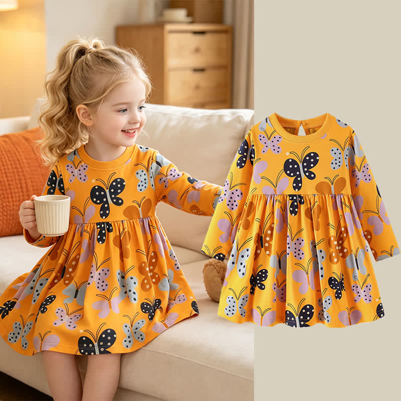 幼児用女の子向けオレンジの蝶柄長袖Dress - image 1