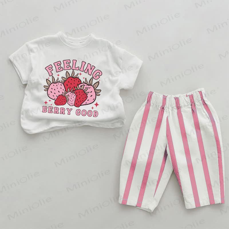 FEELING BERRY GOODベビーピンクの縦ストライプ柄ツーピースセット - ホワイト＆ピンク - 2～3歳 - image 1