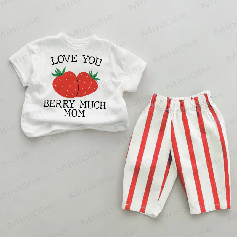 LOVE YOU BERRY MUCH MOM！ベビー用ストロベリーレッド縦ストライプ2点セット - 白と赤 - 4～5歳 - image 1