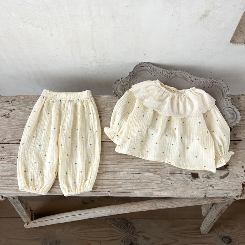 幼児用ベージュプリント長袖トップス＆パンツ2点セット - ベージュドット - 2～3歳 - image 2