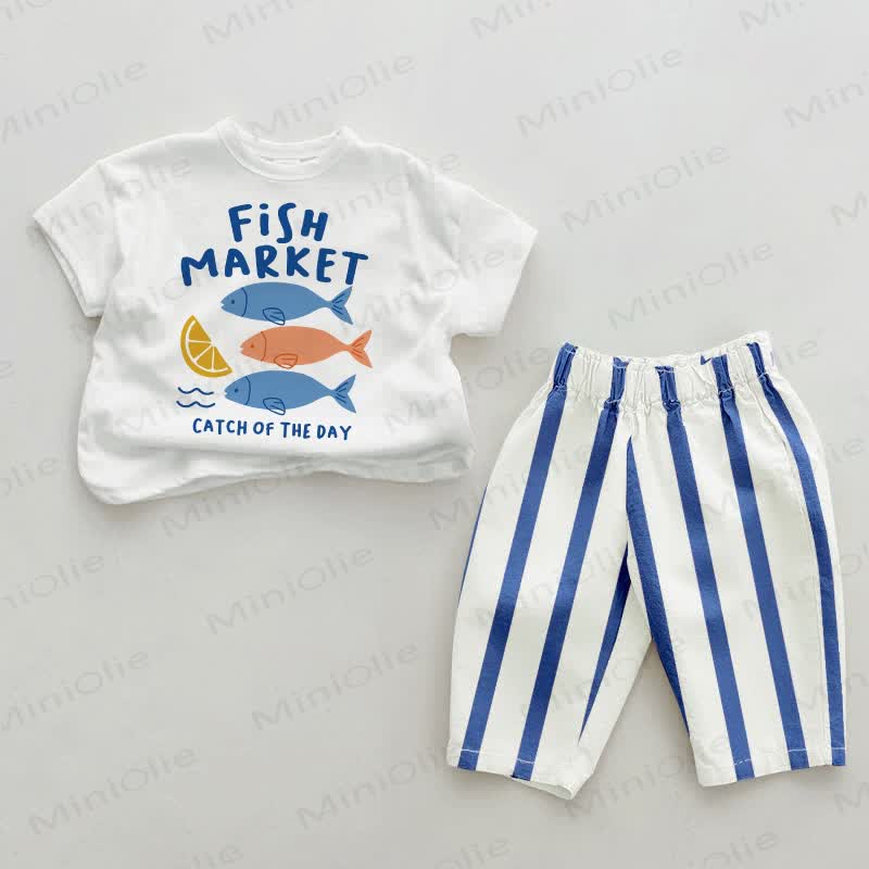FISH MARKET CATCH OF THE DAYの獲物 ベビーブルーの縦縞模様 2点セット - ホワイト＆ブルー - 2～3歳 - image 1