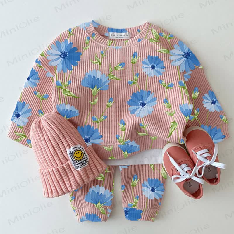 ベビーピンクとブルーの花柄プリントのワッフル生地2点セット - ピンク - 2～3歳 - image 1