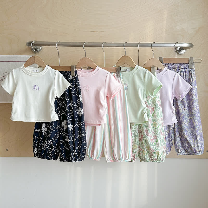 幼児用女の子向け 花柄/動物柄Tシャツ＆パンツ 2点セット - image 1