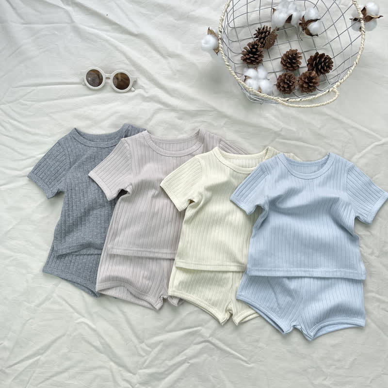 ベビー・幼児用無地リブ編みTシャツ＆ショートパンツ2点セット - image 1