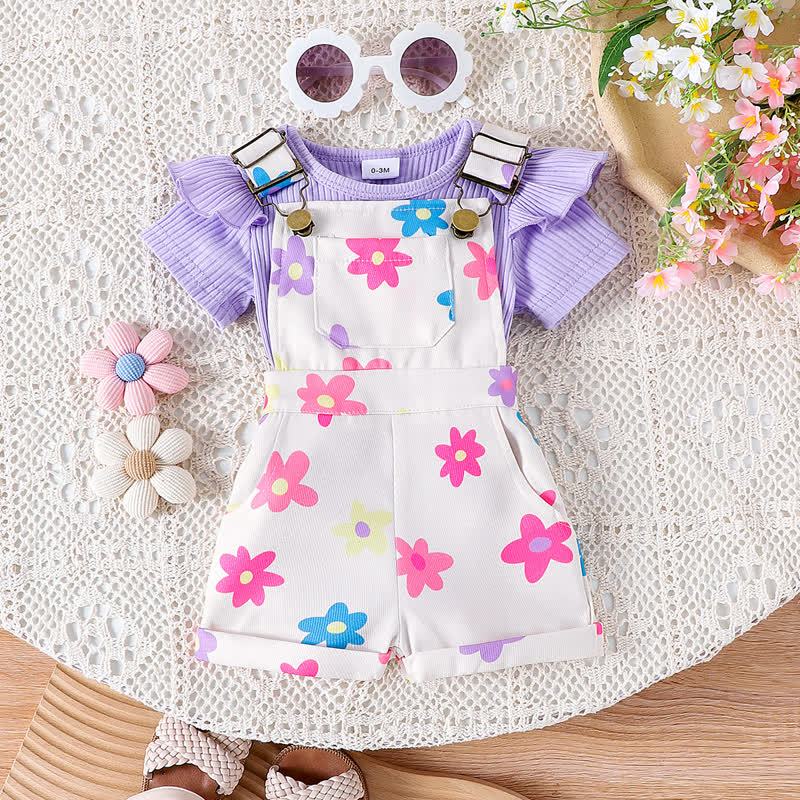 ベビー・幼児用 花柄プリント ロンパース＆オーバーオール 2点セット - 紫 - 2-3Y - image 2