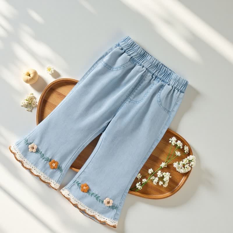 幼児用女の子向け刺繍レーストリム付きデニムフレアパンツ - image 1
