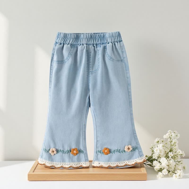 幼児用女の子向け刺繍レーストリム付きデニムフレアパンツ - 青 - 8-9T - image 2