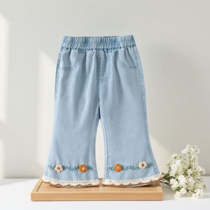 幼児用女の子向け刺繍レーストリム付きデニムフレアパンツ - 青 - 8-9T - image 2