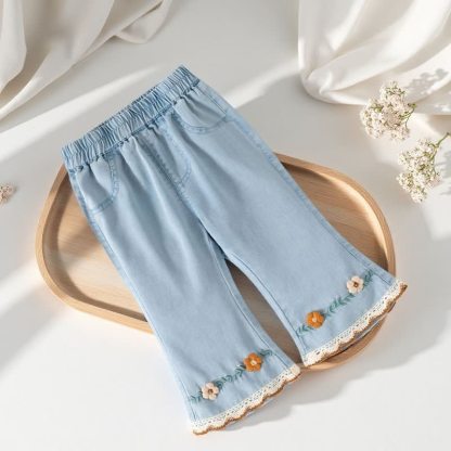 幼児用女の子向け刺繍レーストリム付きデニムフレアパンツ - image 4