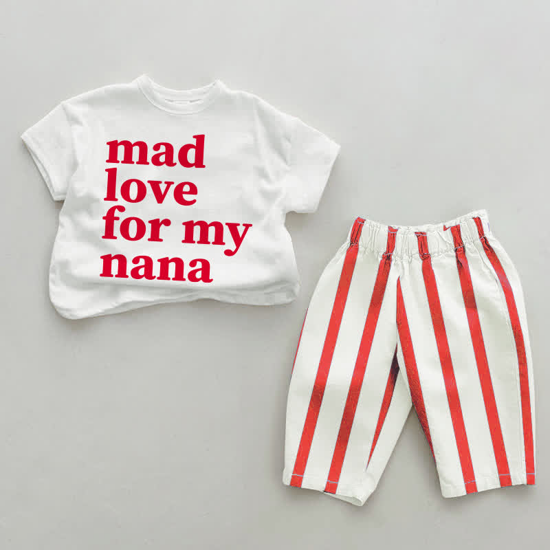MAD LOVE FOR MY NANA　ベビー用　白と赤のストライプTシャツとパンツのツーピースセット - 白と赤 - 4～5歳 - image 1