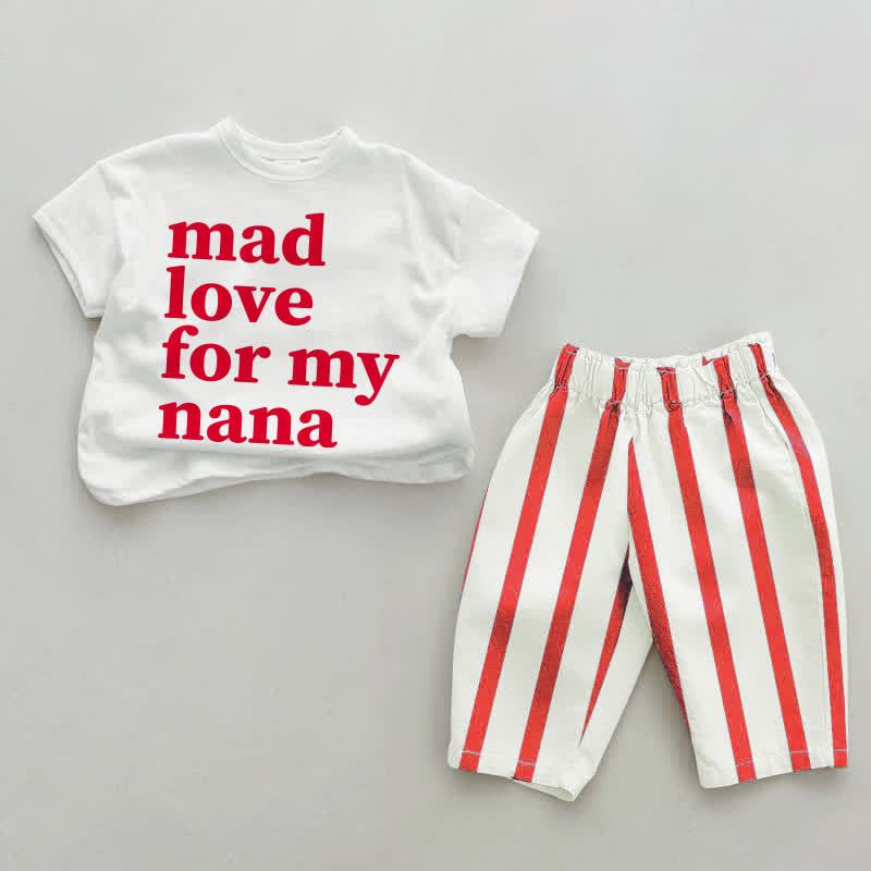 MAD LOVE FOR MY NANA　ベビー用　白と赤のストライプTシャツとパンツのツーピースセット - 白と赤 - 4～5歳 - image 1