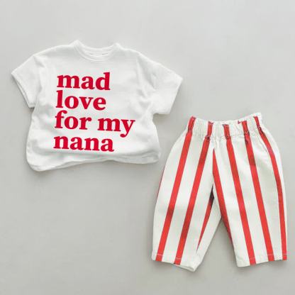 MAD LOVE FOR MY NANA　ベビー用　白と赤のストライプTシャツとパンツのツーピースセット - 白と赤 - 4～5歳 - image 1