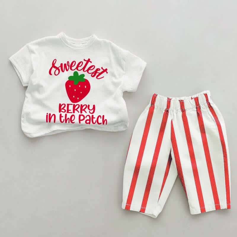 SWEETEST BERRY IN THE PATCH白と赤のストライプTシャツとパンツのツーピースセット - 白と赤 - 4～5歳 - image 1