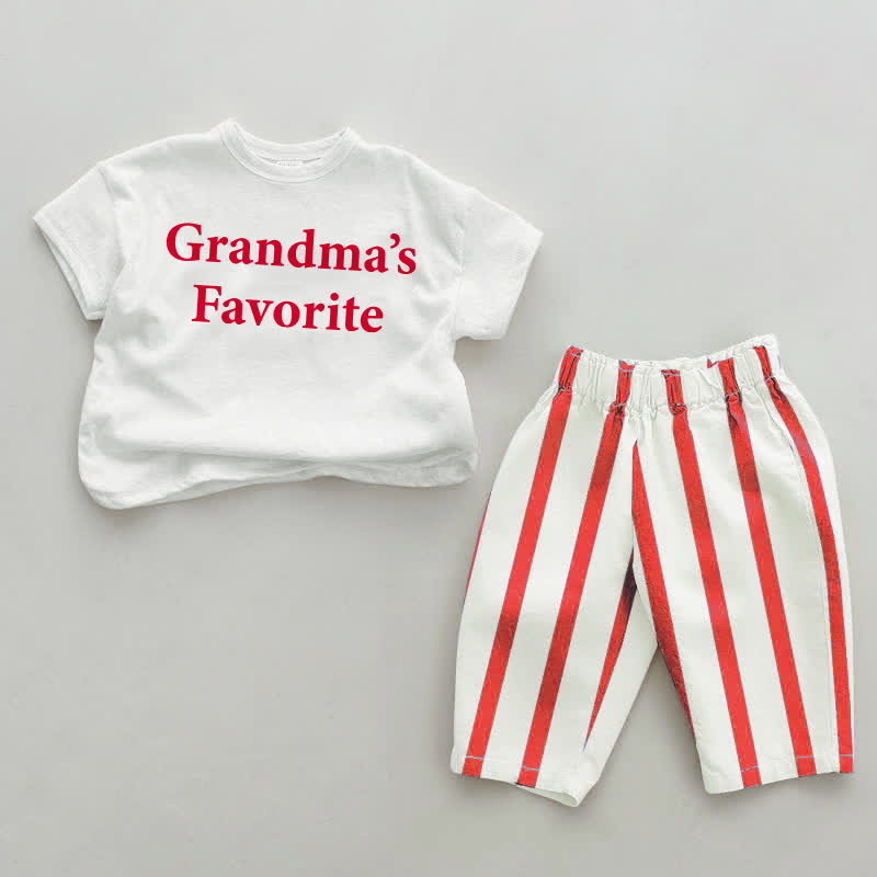 GRANDMA'S FAVOURITE白と赤のストライプTシャツとパンツのツーピースセット - 白と赤 - 4～5歳 - image 1