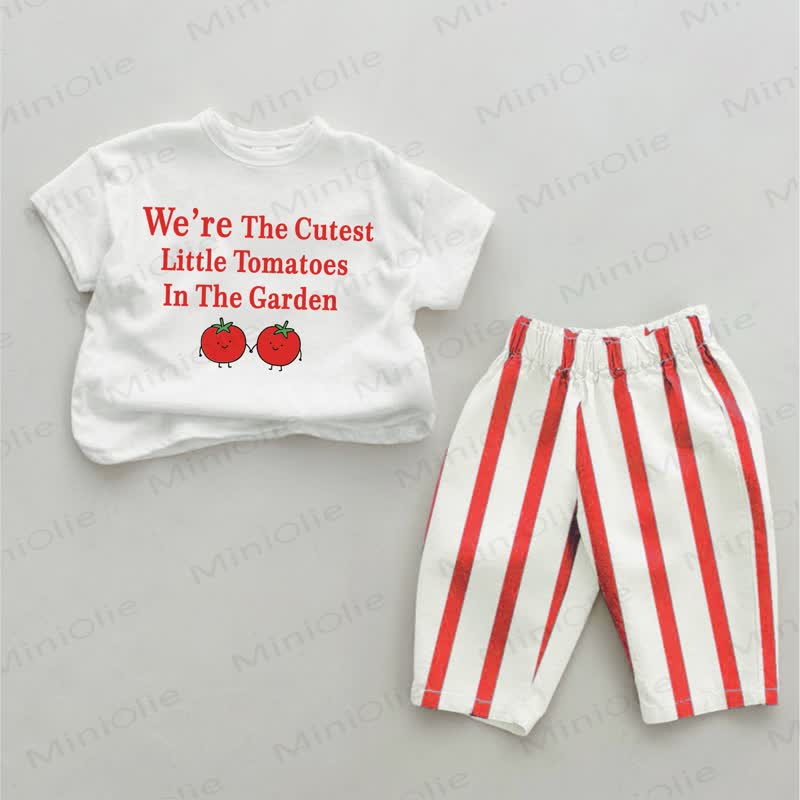WE'RE THE CUTEST LITTLE TOMATOES IN THE GARDEN！ベビー用赤ストライプパンツ2点セット - 白と赤 - 4～5歳 - image 1
