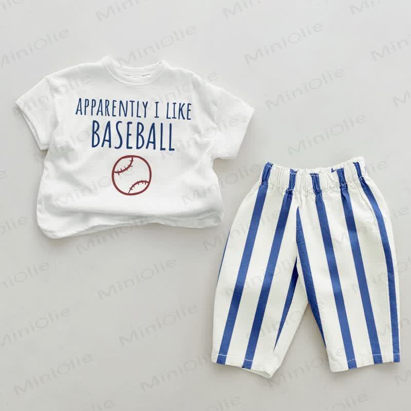BASEBALL好きの人向け ベビーブルーの縦ストライプ柄ツーピースセット - ホワイト＆ブルー - 2～3歳 - image 1