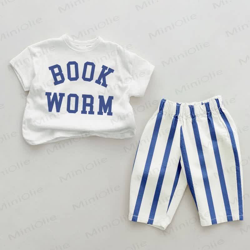 BOOKWORMワーム ベビーブルー 縦ストライプ 2点セット - ホワイト＆ブルー - 2～3歳 - image 1