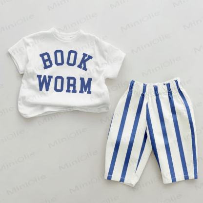 BOOKWORMワーム ベビーブルー 縦ストライプ 2点セット - ホワイト＆ブルー - 2～3歳 - image 1