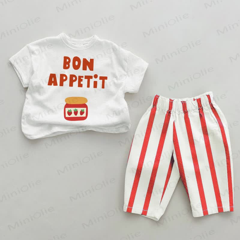 BON APPETIT用 レッドストライプパンツ 2点セット - 白と赤 - 4～5歳 - image 1