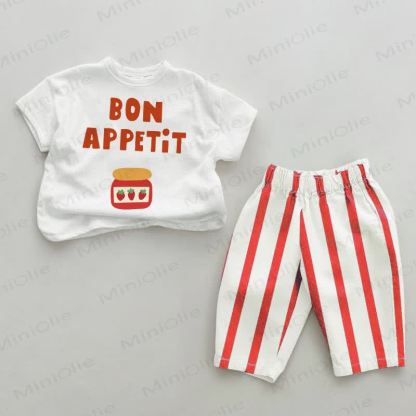 BON APPETIT用 レッドストライプパンツ 2点セット - 白と赤 - 4～5歳 - image 1