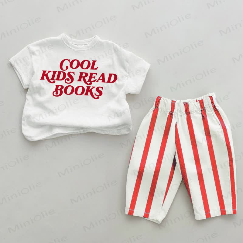 COOL KIDS READ BOOKS用赤ストライプパンツ2点セット - 白と赤 - 4～5歳 - image 1