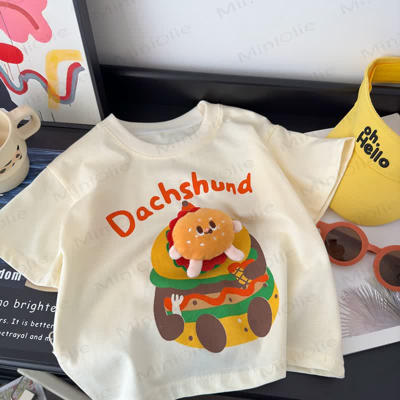 DACHSHUNDフント幼児用バーガー3DアップリケグラフィックTシャツ - ベージュ - 180cm - image 1