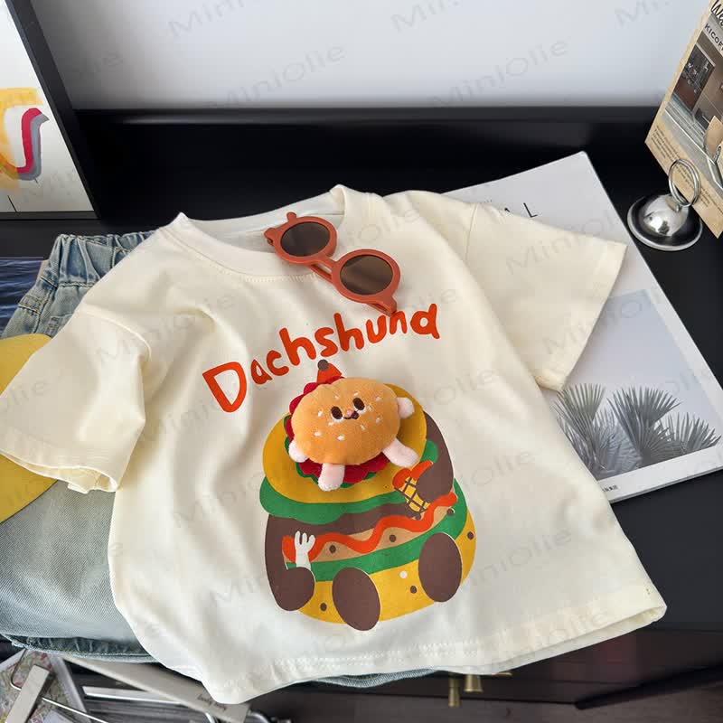 DACHSHUNDフント幼児用バーガー3DアップリケグラフィックTシャツ - image 2