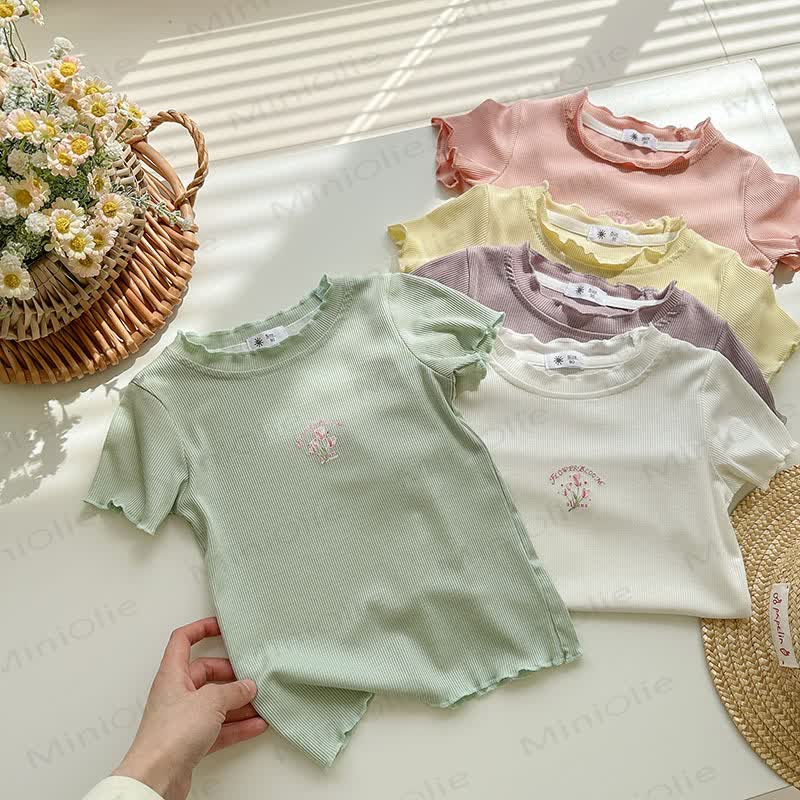 幼児用女の子リブ編み花柄Tシャツ - image 4