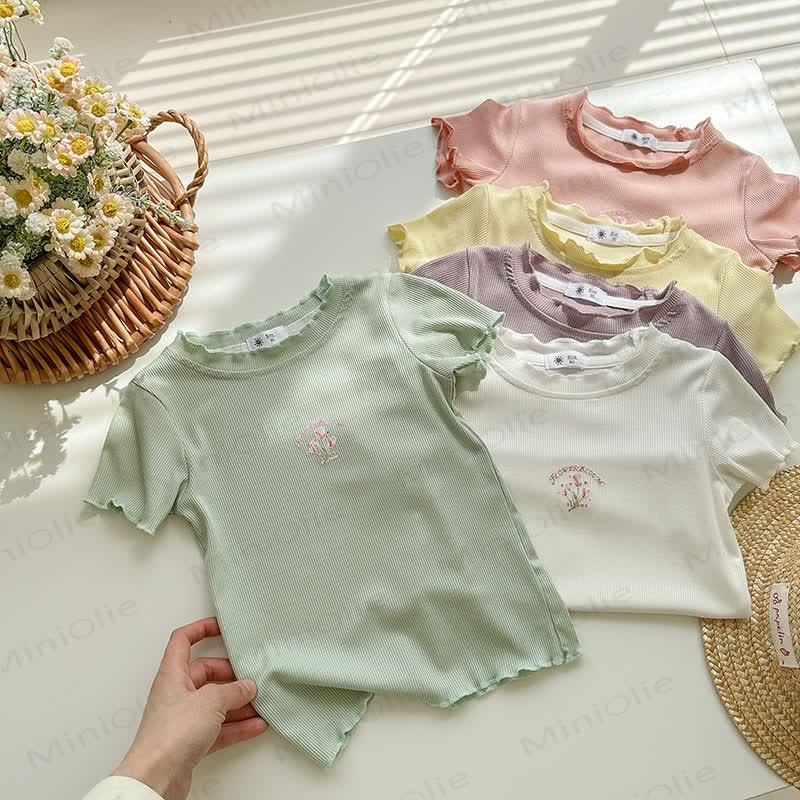 幼児用女の子リブ編み花柄Tシャツ - image 4